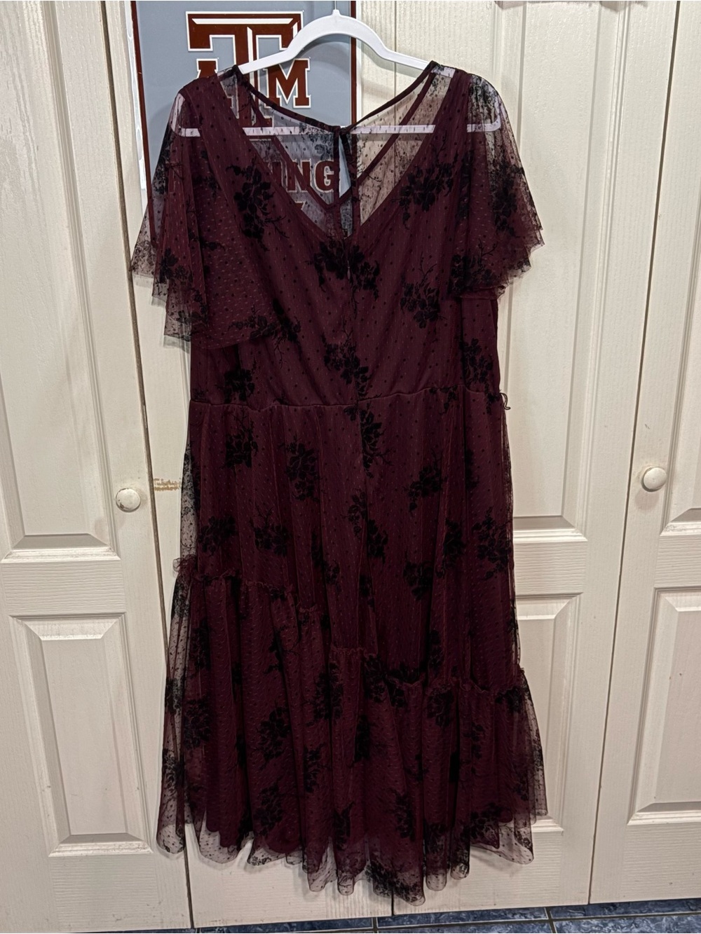 Lane Bryant Women's Burgundy Mesh Floral Midi Dress
